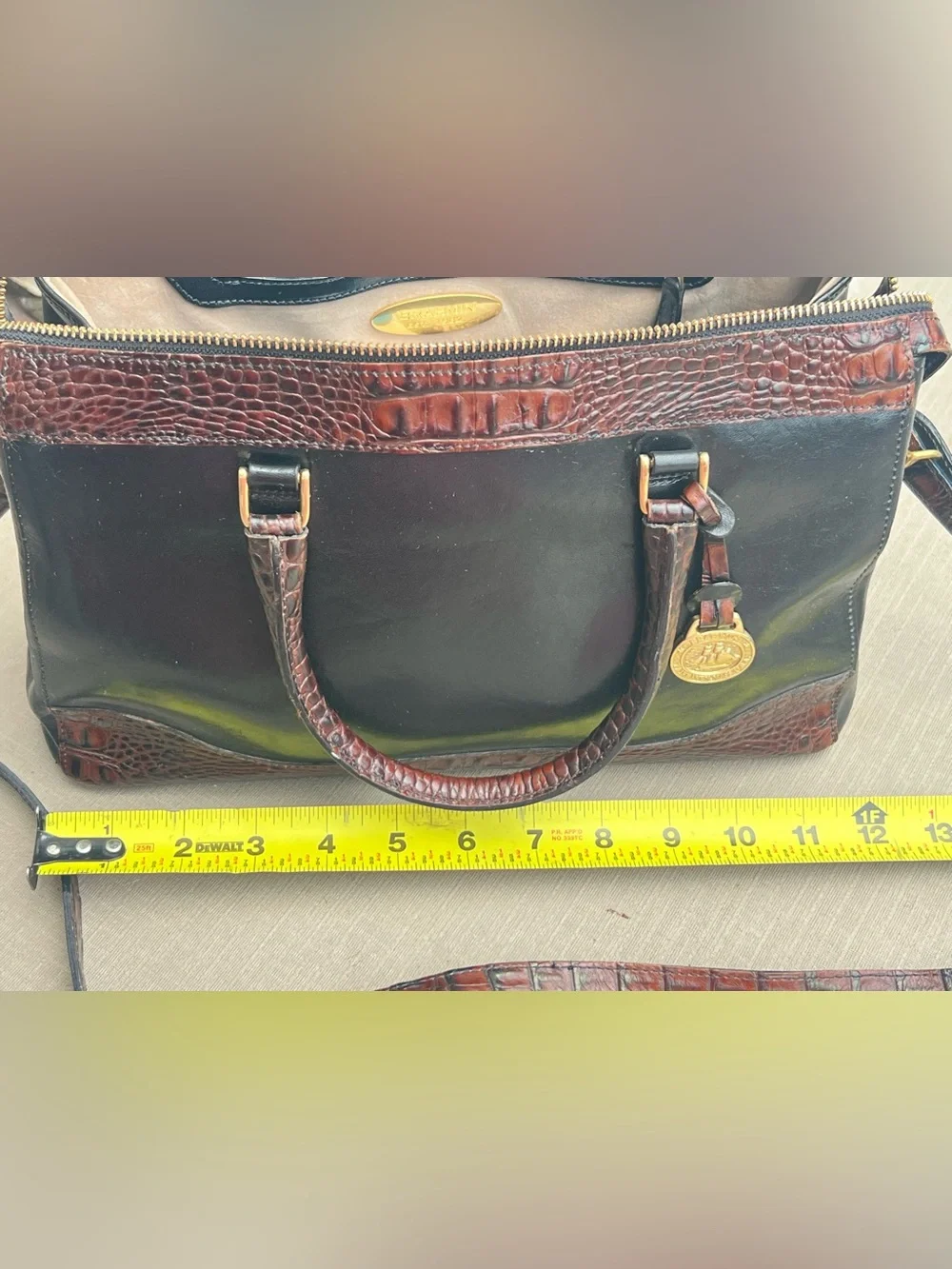 Brahmin Black Leather Satchel with Brown Croc-Embossed Trim